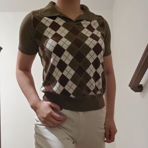 Olive & Brown Argyle Short Collared Top